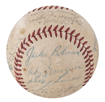 1955 World Champions Brooklyn Dodgers Team Signed ONL Giles Baseball With 22 Signatures Including Jackie Robinson, Roy Campanella, Sandy Koufax and Tom Lasorda (JSA)  
